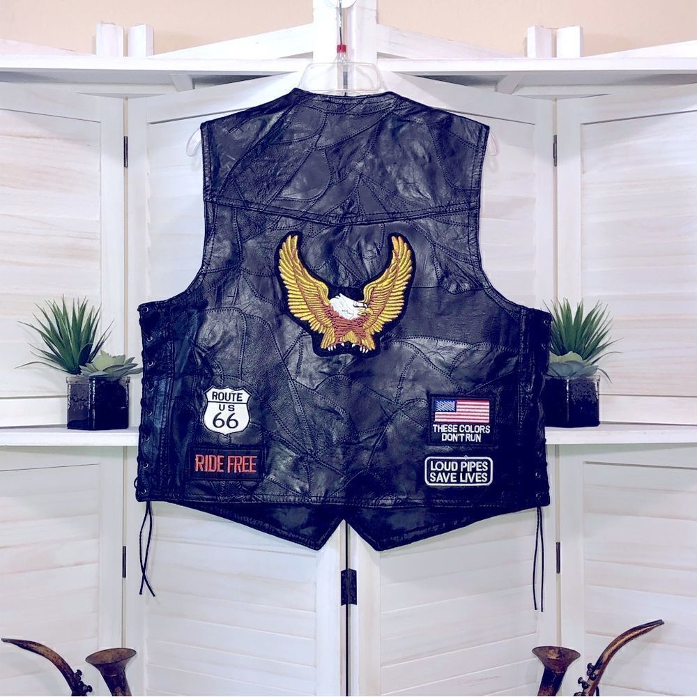 Diamond Plate Buffalo Leather Eagle Patch Biker Vest Large